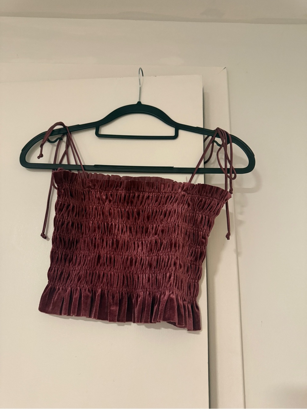 Cotton Candy Burgundy Velvet Smocked Tie-Shoulder Crop Top